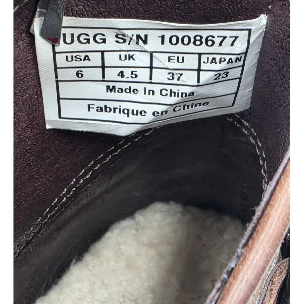 UGG Demi‎ Boot Womens 6 Brown Leather Shearling Lined Ankle Zip Buckle